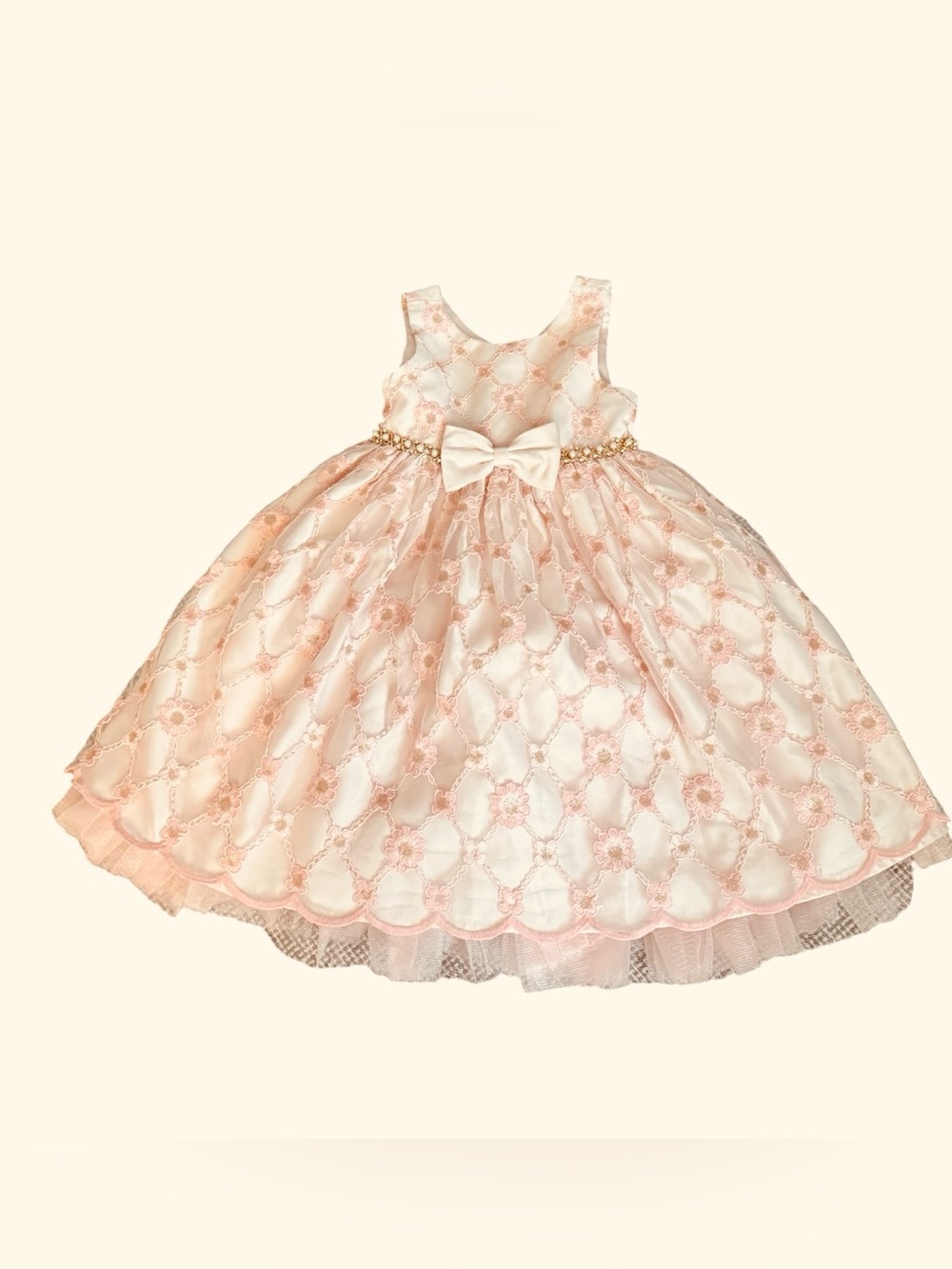 Girls Pearl-Accent Blush Lace Party Dress with Bow